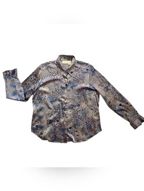 Vintage Christie& Jill Silk Gray Blue Floral Button-Down Shirt XL